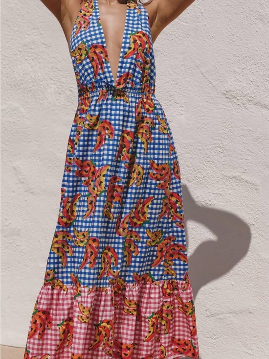 FARM Rio Dresses & Skirts - FARM Rio Blue & Pink Gingham Maxi Dress with Tropical Print